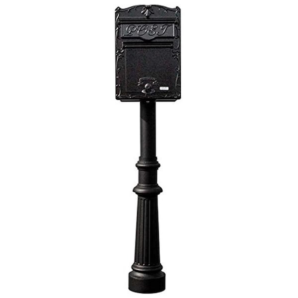 Qualarc 18 in. Kingsbury FRONT Retrieval Mailbox with Hanford Post & Decorative Fluted Base - Black LSF-LS03-HPFRG-8-BLK - main
